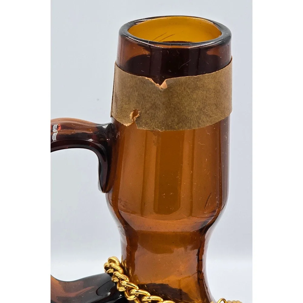 Vintage Tintorro Amber Glass Porron Decanter with Wood Stopper and Chain Handle